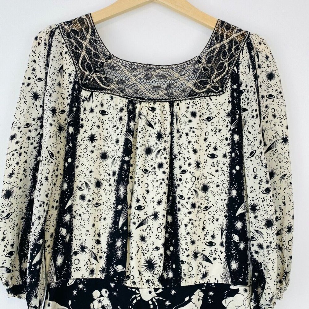 Anna Sui Black and Cream Horoscope Crochet Lace Trim Tie Silk Playsuit UK S - Picture 7 of 9